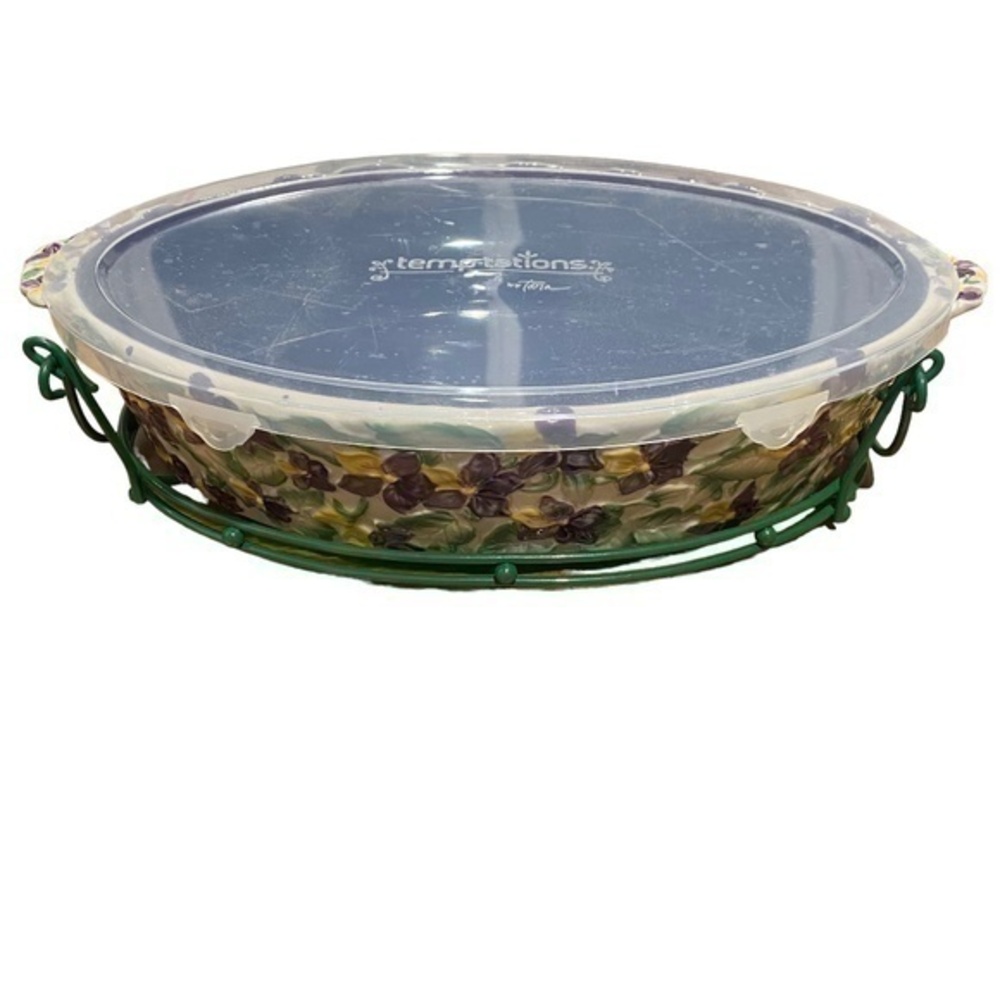 Temptation By Tara Violet Figural Floral Ceramic Bakeware With Lid and Wire Rack